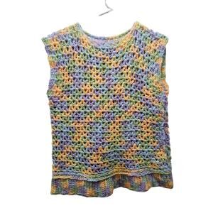 Vintage Rainbow Multicolor Sweater Vest Sleeveless Hand Knitted Size S